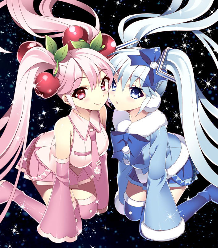hatsune miku, yuki miku, and sakura miku (vocaloid) drawn by vanilla_(shade)