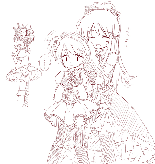 kaname madoka, sakura kyoko, tomoe mami, red, green, and 1 more (pokemon and 2 more) drawn by recol