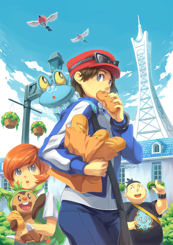 calem, chespin, froakie, fletchling, tierno, and 1 more (pokemon and 1 more) drawn by kamifish
