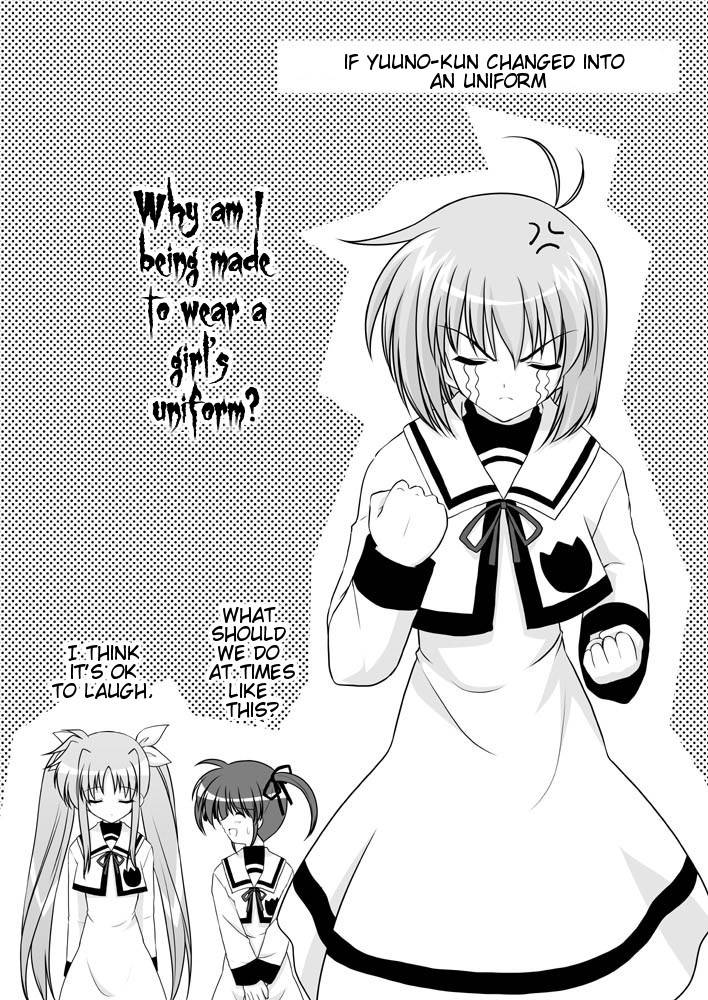 fate testarossa, takamachi nanoha, and yuuno scrya (lyrical nanoha and 2 more) drawn by mikage_takashi