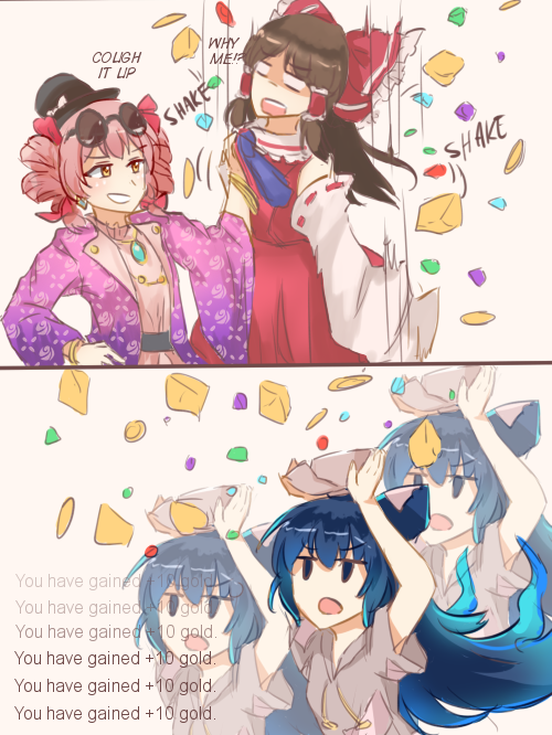 hakurei reimu, yorigami shion, and yorigami jo'on (touhou) drawn by myonmukyuu