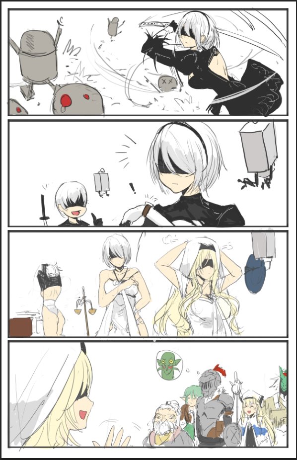 2b, 9s, pod, priestess, high elf archer, and 5 more (nier and 2 more) drawn by kuroduki