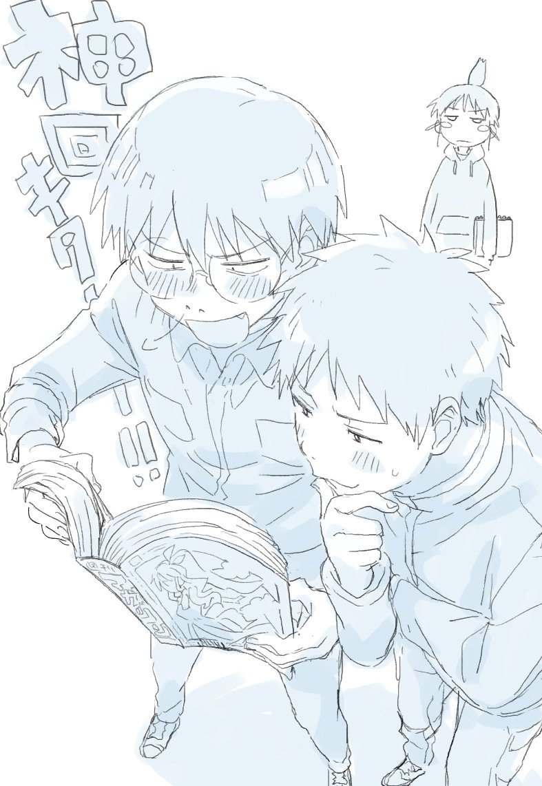 ogiue chika, madarame harunobu, and sasahara kanji (genshiken) drawn by marutei2
