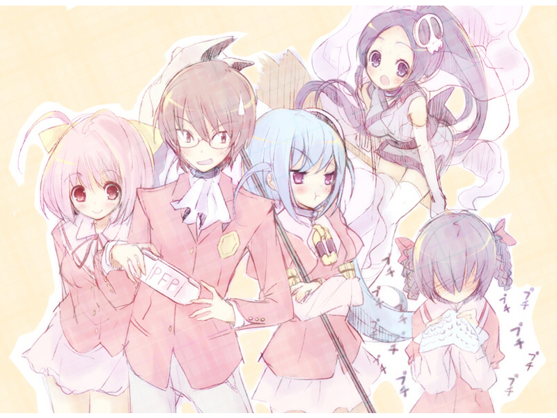 elysia de lute ima, katsuragi keima, haqua d'rot herminium, nakagawa kanon, and ayukawa tenri (kami nomi zo shiru sekai) drawn by pipipi32