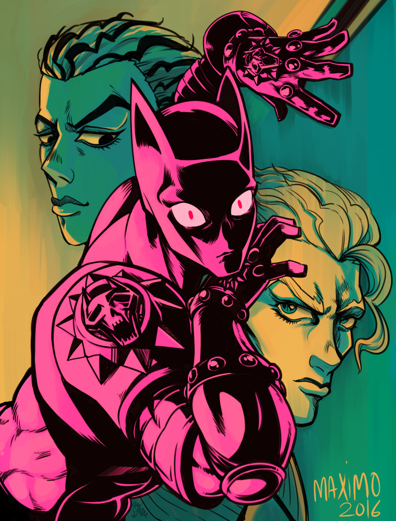 kira yoshikage, killer queen, and kawajiri kosaku (jojo no kimyou na bouken and 1 more) drawn by maximo_v._lorenzo