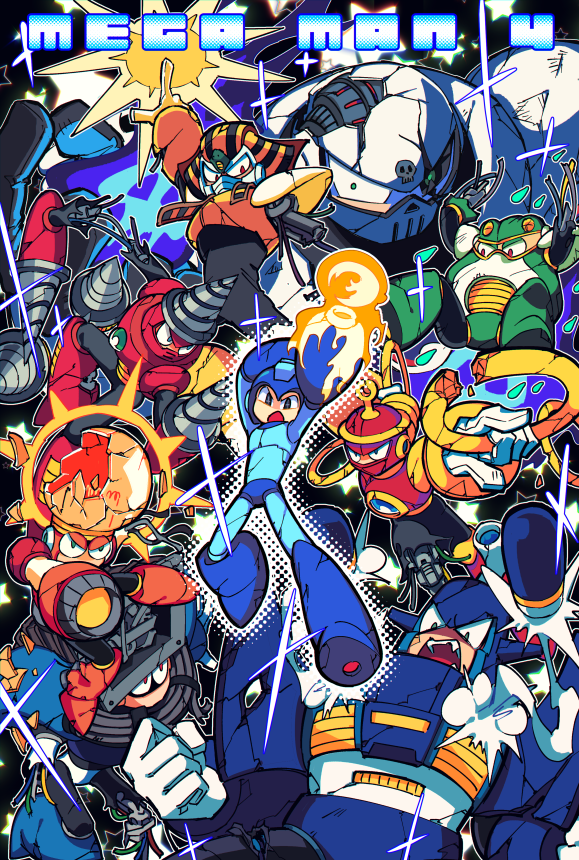 mega man, skull man, pharaoh man, ring man, toad man, and 4 more (mega man and 1 more) drawn by borezet