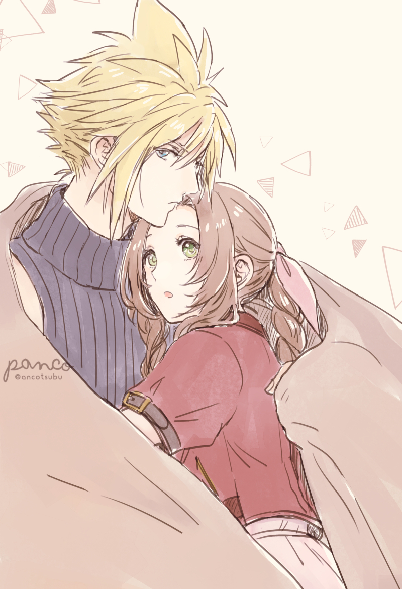 cloud strife and aerith gainsborough (final fantasy and 2 more) drawn by ancotsubu