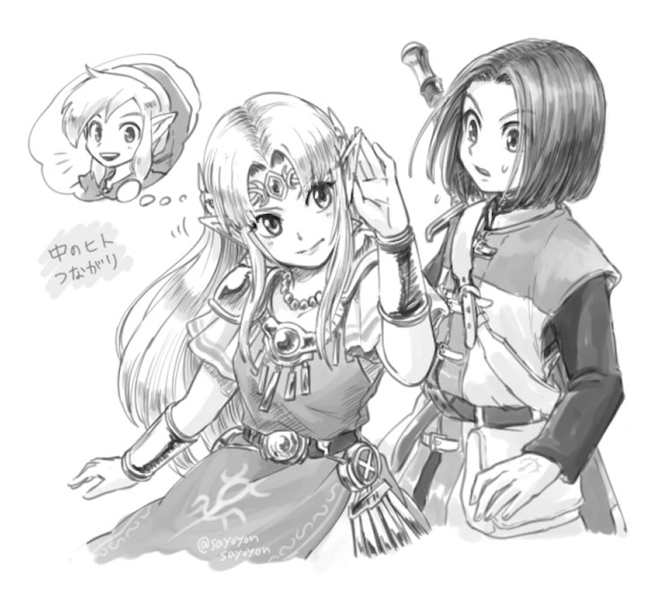 link, princess zelda, hero, and saiga mitsuki (the legend of zelda and 4 more) drawn by sayoyonsayoyo