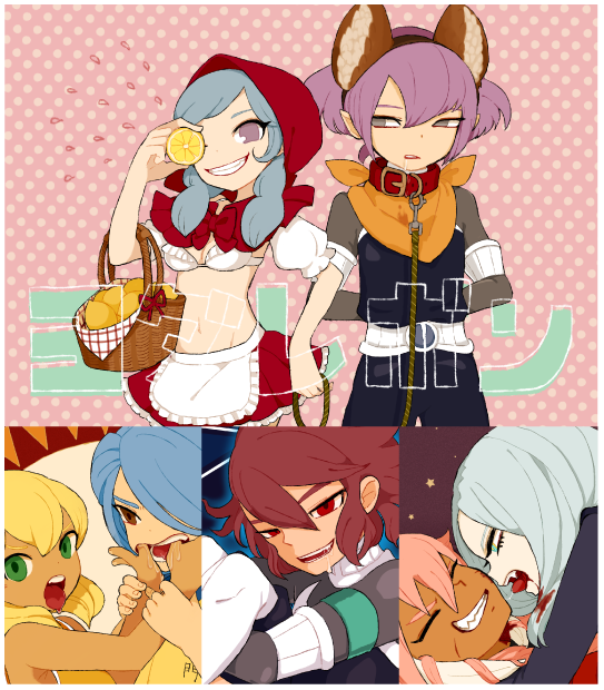 little red riding hood, shindou takuto, big bad wolf, kazemaru ichirouta, miyasaka ryou, and 4 more (inazuma eleven go and 3 more) drawn by meily