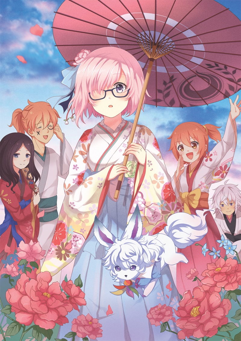 mash kyrielight, fujimaru ritsuka, fou, leonardo da vinci, merlin, and 1 more (fate and 1 more) drawn by flora_(rabteatime)