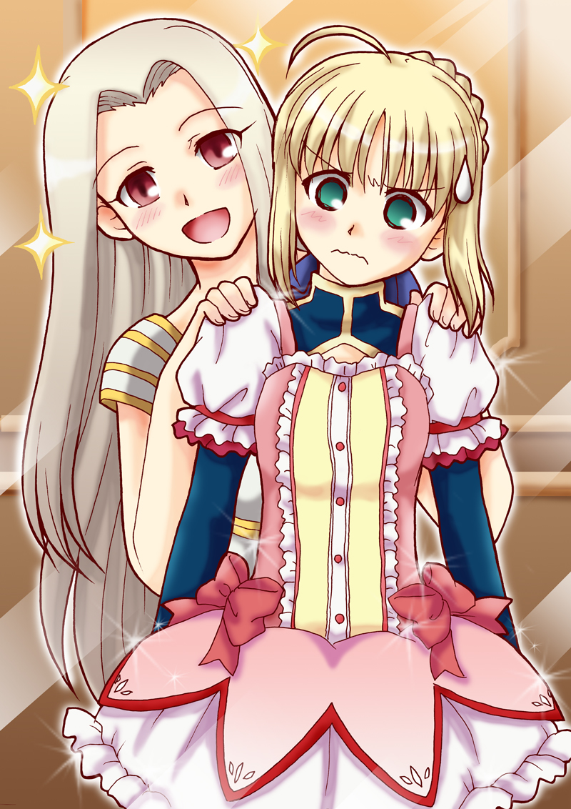 artoria pendragon, kaname madoka, saber, irisviel von einzbern, and urobuchi gen (fate and 2 more) drawn by nishisute