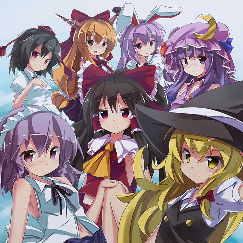 hakurei reimu, kirisame marisa, izayoi sakuya, patchouli knowledge, shameimaru aya, and 2 more (touhou) drawn by ryogo