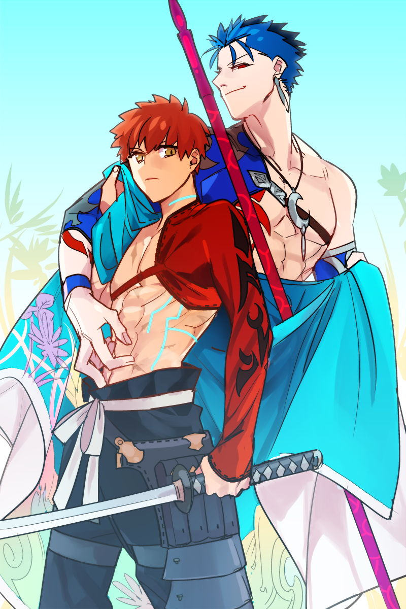 emiya shirou, cu chulainn, and senji muramasa (fate and 2 more) drawn by rui_(o-rui)