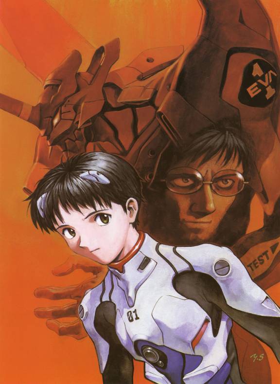 ikari shinji, eva 01, and ikari gendou (neon genesis evangelion) drawn by sadamoto_yoshiyuki