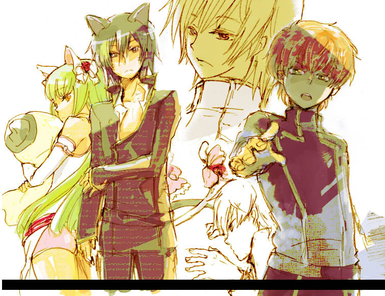 c.c., lelouch vi britannia, and kururugi suzaku (code geass) drawn by utsumi_haku