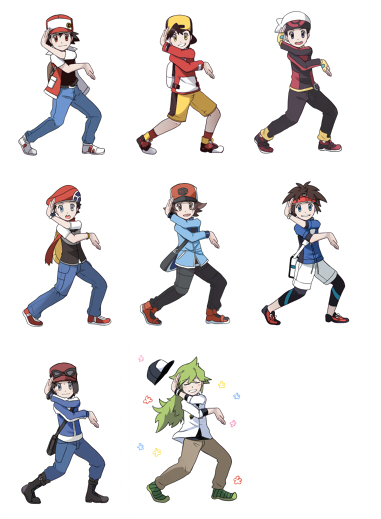 red, ethan, hilbert, n, brendan, and 3 more (pokemon and 8 more) drawn by aiakasa-sakura