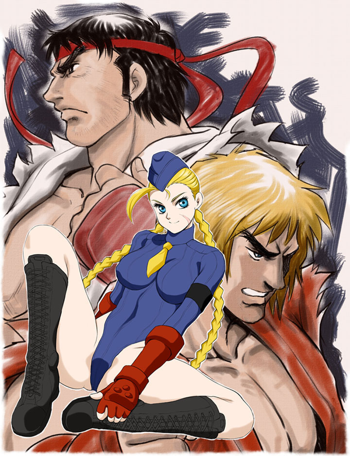cammy white, ryu, and ken masters (street fighter and 1 more) drawn by sabachiyo_land