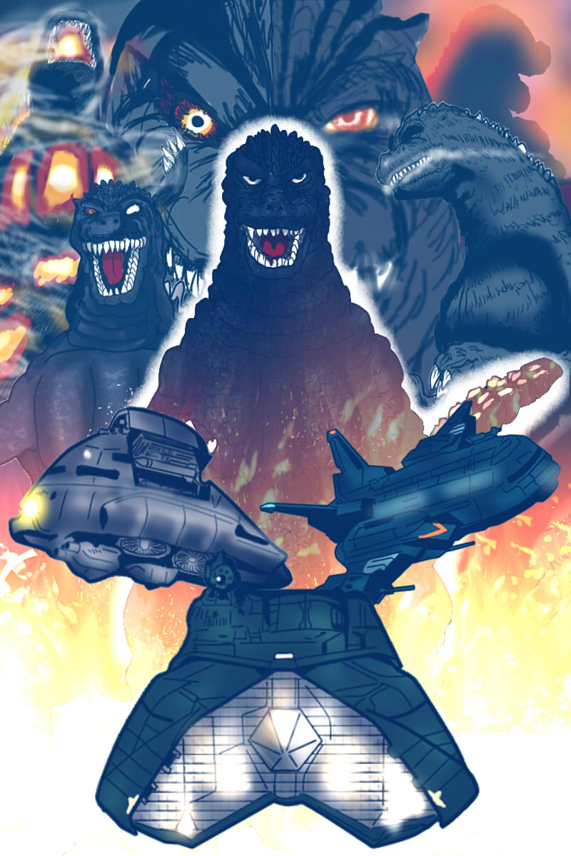 godzilla, burning godzilla, super x2, super x3, super x, and 1 more (godzilla and 4 more) drawn by munobusi3