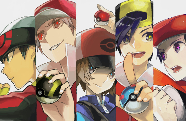 red, ethan, hilbert, brendan, and lucas (pokemon and 5 more) drawn by santou_suihei