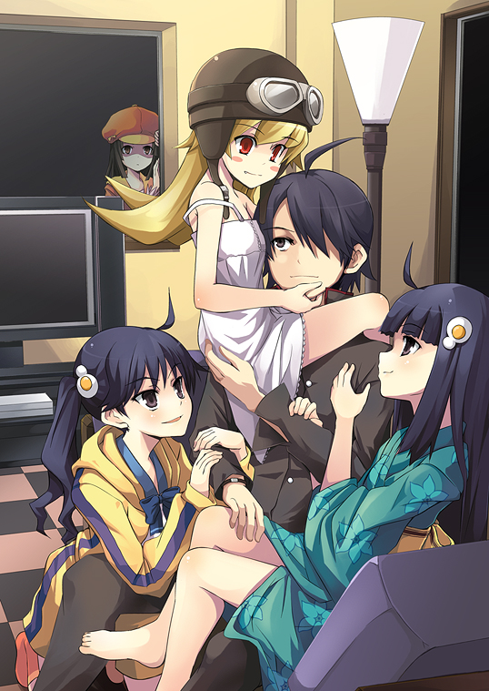 oshino shinobu, sengoku nadeko, araragi koyomi, araragi karen, and araragi tsukihi (monogatari and 1 more) drawn by yuuji_overall