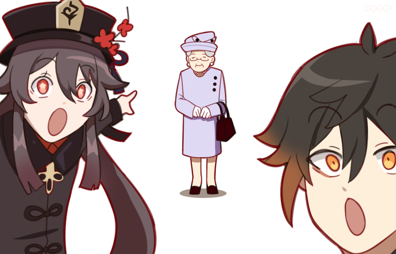 hu tao, zhongli, and elizabeth ii (genshin impact and 1 more) drawn by doggy_exe