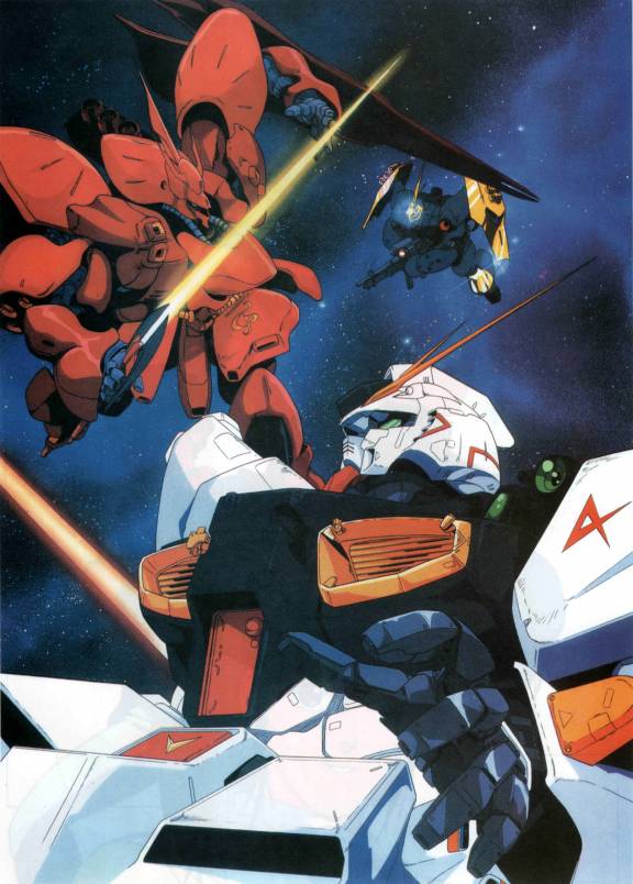 nu gundam, sazabi, and jagd doga gyunei custom (gundam and 1 more) drawn by kawamoto_toshihiro