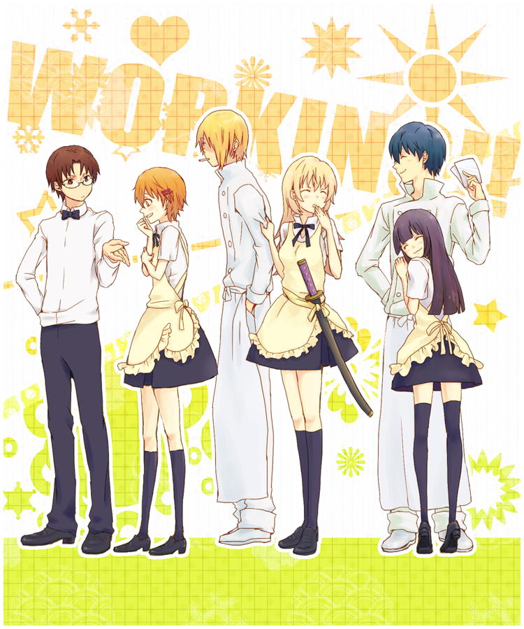 inami mahiru, yamada aoi, todoroki yachiyo, satou jun, takanashi souta, and 1 more (working!!) drawn by kirin_(t)