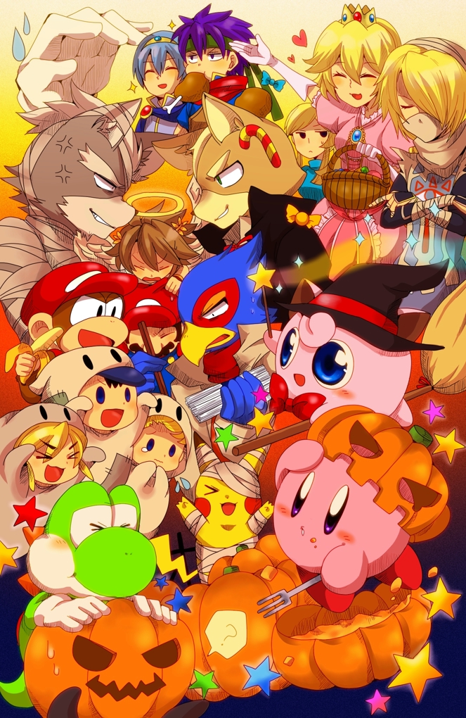 link, pikachu, kirby, princess peach, samus aran, and 14 more (pokemon and 16 more) drawn by ytooru