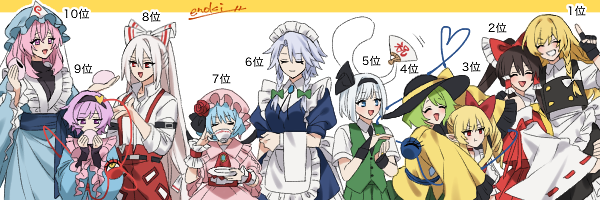 hakurei reimu, kirisame marisa, remilia scarlet, flandre scarlet, izayoi sakuya, and 5 more (touhou) drawn by enoki_3106