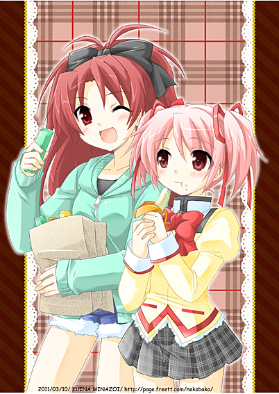 kaname madoka and sakura kyoko (mahou shoujo madoka magica) drawn by minazoi_kuina
