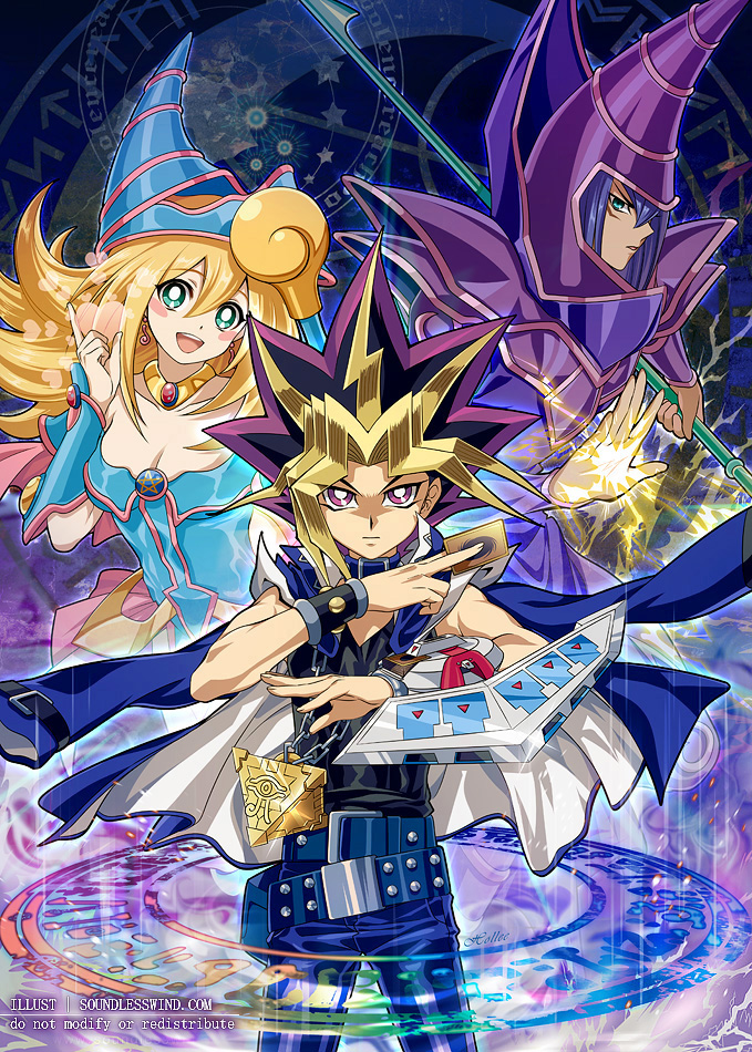 dark magician girl, yami yugi, and dark magician (yu-gi-oh! and 1 more) drawn by kaze-hime