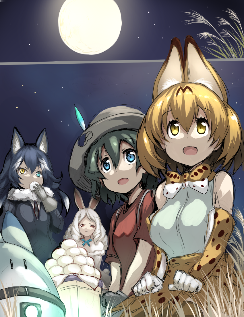 serval, kaban, lucky beast, grey wolf, and arctic hare (kemono friends) drawn by tsukasawa_takamatsu