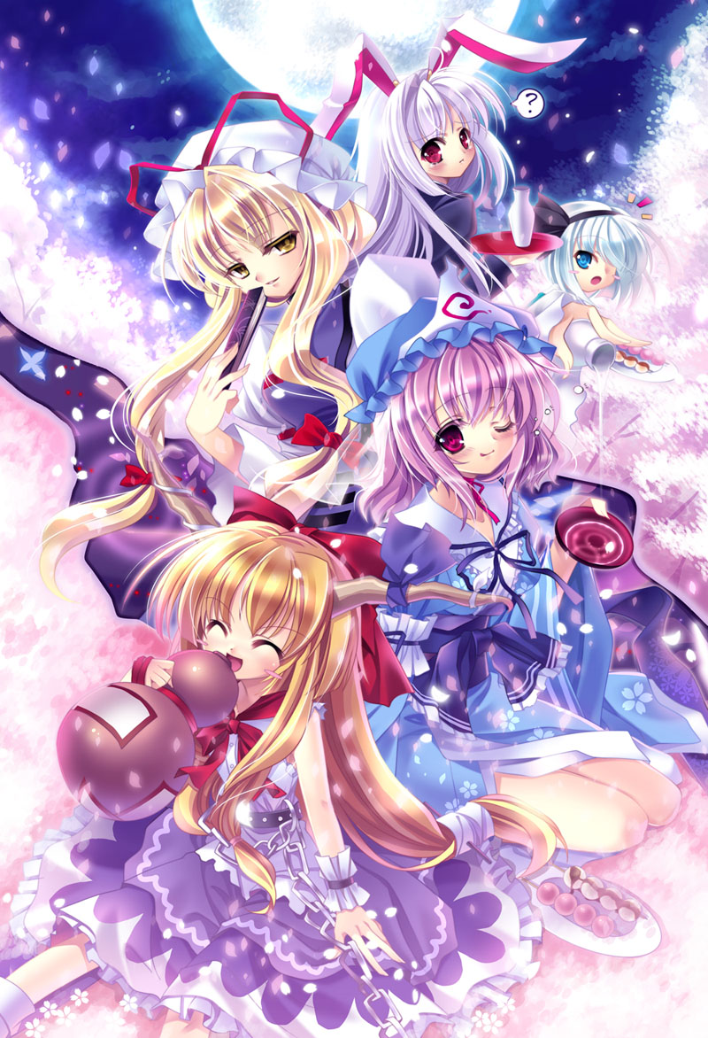 konpaku youmu, yakumo yukari, reisen udongein inaba, saigyouji yuyuko, and ibuki suika (touhou) drawn by capura_lin