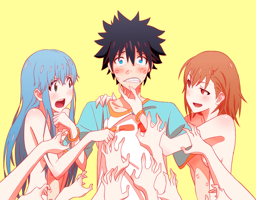 misaka mikoto, kamijou touma, and index (toaru majutsu no index and 1 more) drawn by kkunii