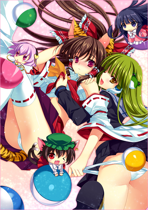 hakurei reimu, kochiya sanae, komeiji satori, chen, and houraisan kaguya (touhou) drawn by riv_(rivleaf)