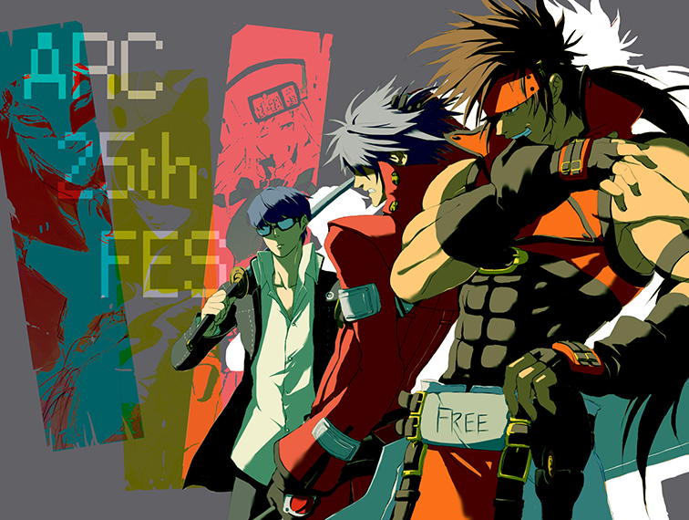 narukami yu, ragna the bloodedge, millia rage, sol badguy, and relius clover (persona and 5 more) drawn by teriyaki410