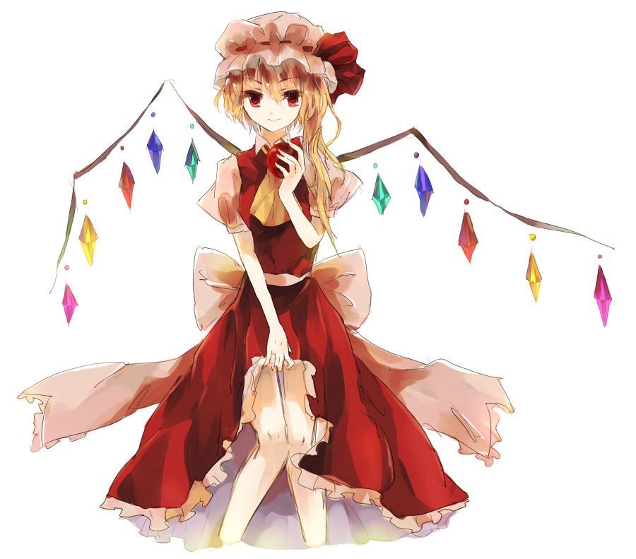 1girl aeolus apple blonde_hair clothes_grab dress flandre_scarlet food fruit hat hat_ribbon holding puffy_short_sleeves puffy_sleeves red_dress red_eyes ribbon short_sleeves side_ponytail simple_background solo touhou white_background