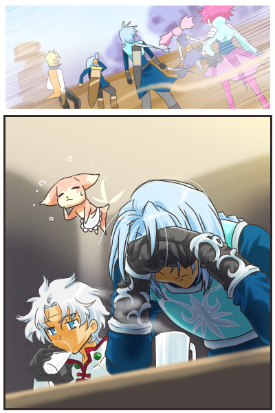 guy cecil, presea combatir, senel coolidge, and veigue lungberg (tales of and 7 more) drawn by moromoto_meoto