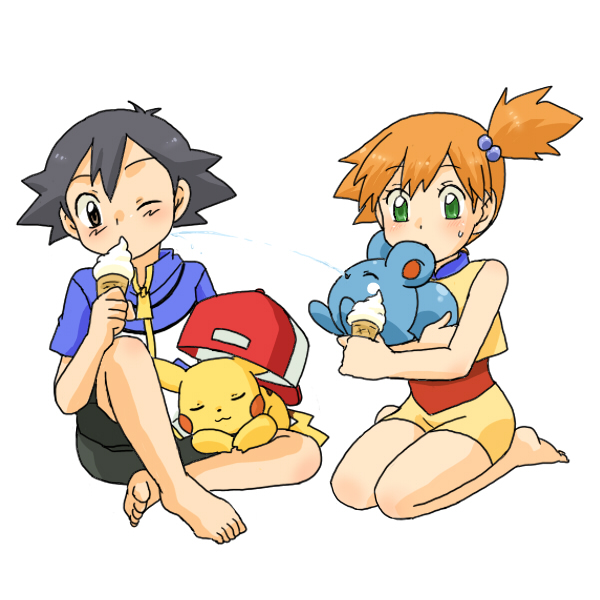 pikachu, ash ketchum, misty, and azurill (pokemon and 2 more) drawn by kurumi_(forte)