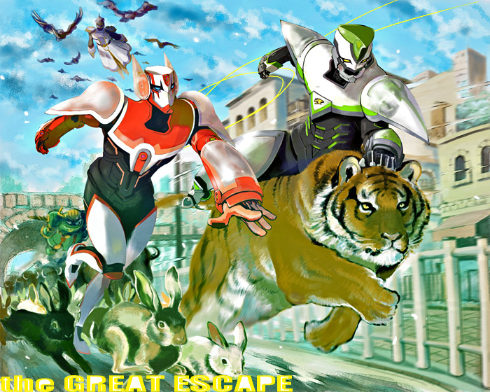 barnaby brooks jr., wild tiger, sky high, and rock bison (tiger & bunny) drawn by rakka_c