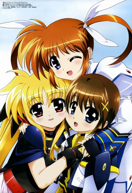 fate testarossa, takamachi nanoha, and yagami hayate (lyrical nanoha and 2 more) drawn by okuda_yasuhiro