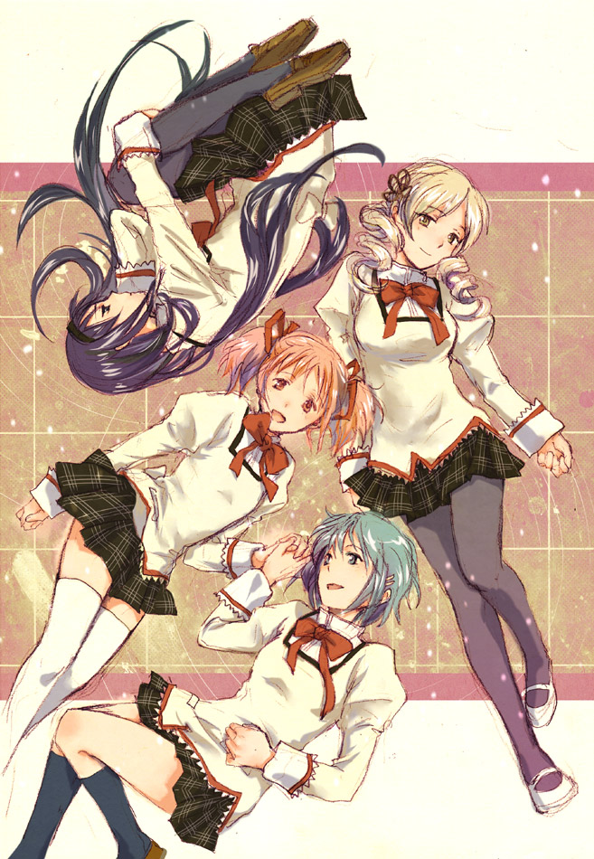 akemi homura, kaname madoka, miki sayaka, and tomoe mami (mahou shoujo madoka magica) drawn by acaco
