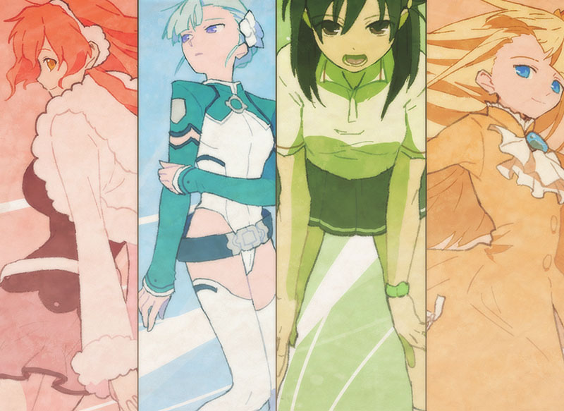 fin e ld si laffinty, kyouno madoka, muginami, and asteria lizamarie de roschefall (rinne no lagrange) drawn by mimana