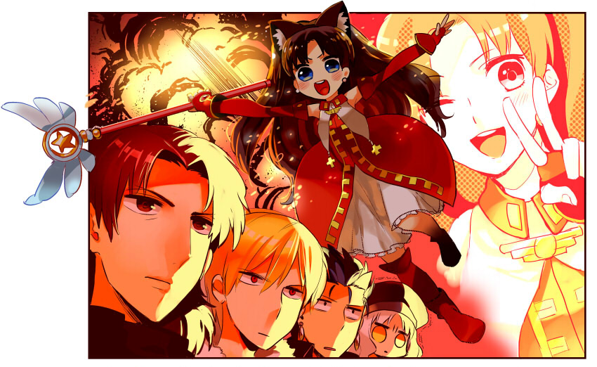 tohsaka rin, gilgamesh, cu chulainn, kotomine kirei, caren hortensia, and 1 more (fate and 2 more) drawn by gum_(gmng)