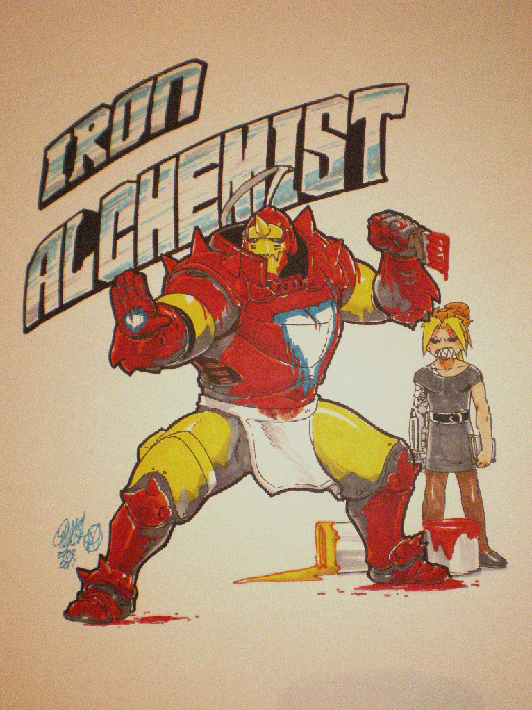 edward elric, alphonse elric, iron man, and pepper potts (marvel and 1 more) drawn by chamba