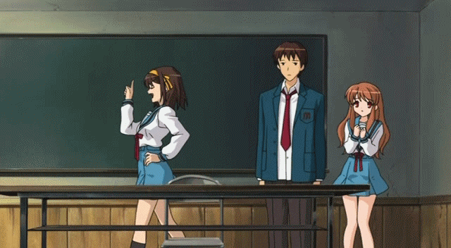suzumiya haruhi, asahina mikuru, and kyon (suzumiya haruhi no yuuutsu)