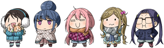 shima rin, kagamihara nadeshiko, inuyama aoi, oogaki chiaki, saitou ena, and 1 more (yurucamp) drawn by maso_(ascii_art)