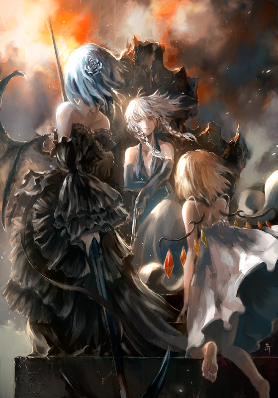 remilia scarlet, flandre scarlet, and izayoi sakuya (touhou) drawn by archlich