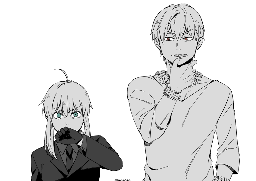 artoria pendragon, saber, and gilgamesh (fate and 1 more) drawn by moonlight_0423