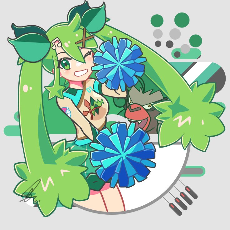 hatsune miku, rillaboom, and grass miku (pokemon and 2 more) drawn by saihate_(d3)